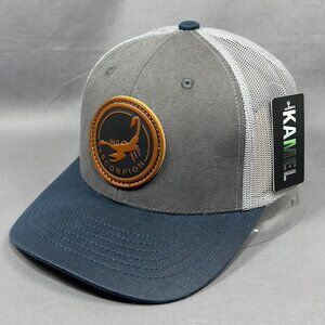 Kamel Scorpion Snapback Cap Hat Gray Trucker Western Farmer Leather Patch Mens